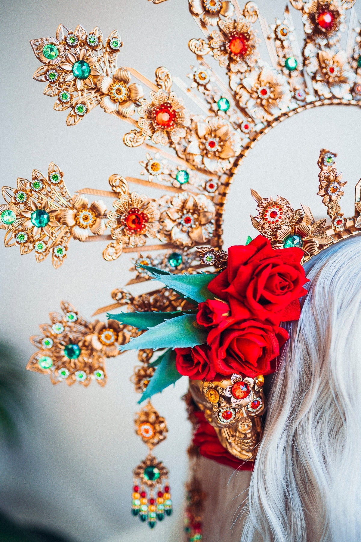 La Catrina Crown, Red Rose Halo, Mexican Headdress, Gold Statement Tiara, Dia de los Muertos, Festival Headpiece, Handmade Floral Crown