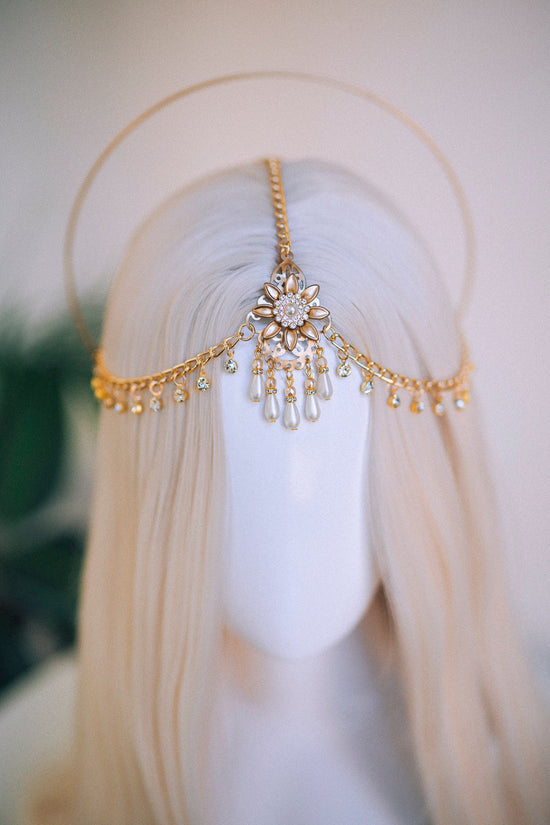 Golden Halo Bridal Crown, Wedding Headpiece, Celestial Tiara, Pearl Halo Crown, Goddess Bridal Accessory, Gold Bridal Hairpiece, Headband