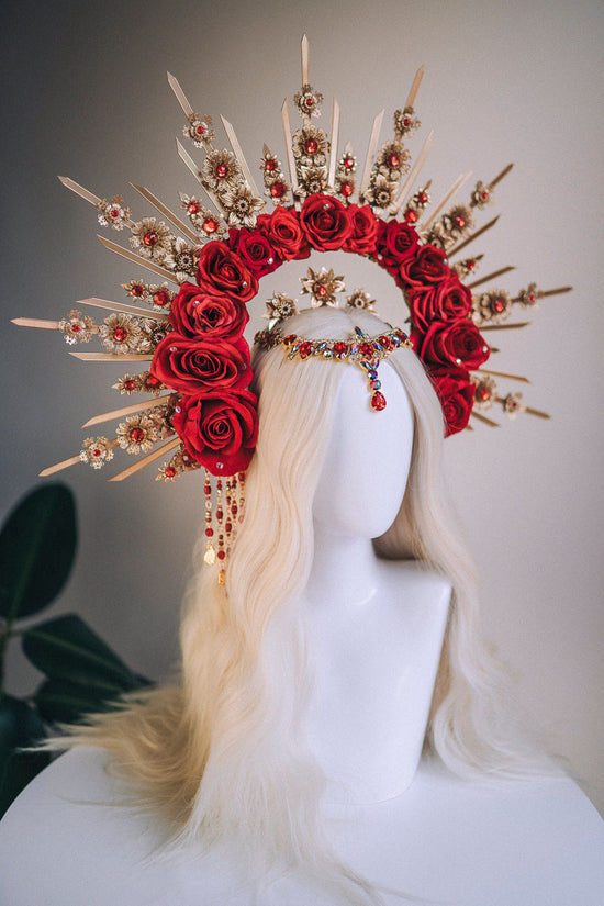 Red Rose Halo Crown, Gold Floral Crown, Festival Headpiece, Wedding Crown, Celestial Tiara, Goddess Halo, Boho Queen, Statement Headpiece