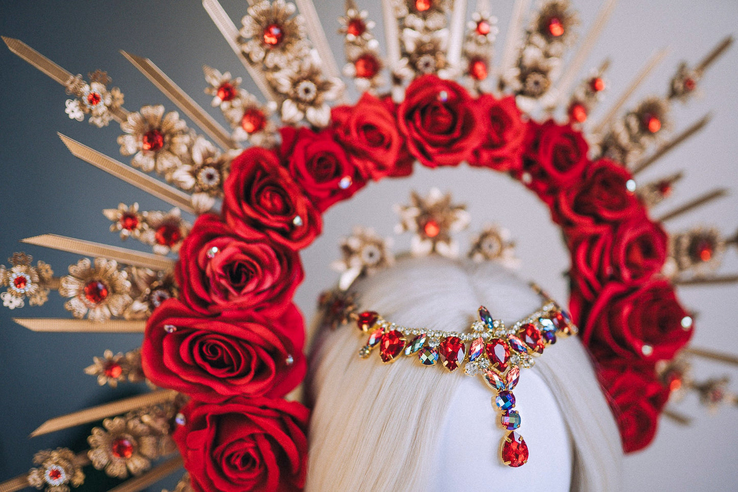 Red Rose Halo Crown, Gold Floral Crown, Festival Headpiece, Wedding Crown, Celestial Tiara, Goddess Halo, Boho Queen, Statement Headpiece