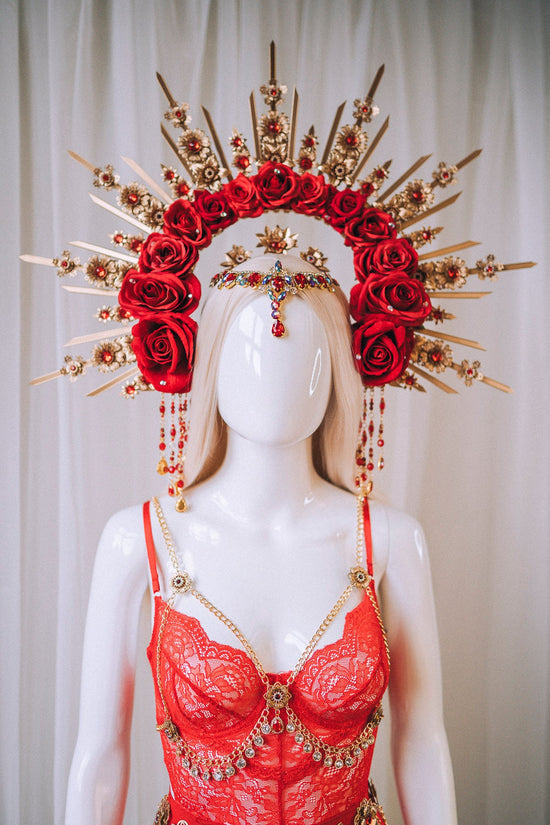 Red Rose Halo Crown, Gold Floral Crown, Festival Headpiece, Wedding Crown, Celestial Tiara, Goddess Halo, Boho Queen, Statement Headpiece