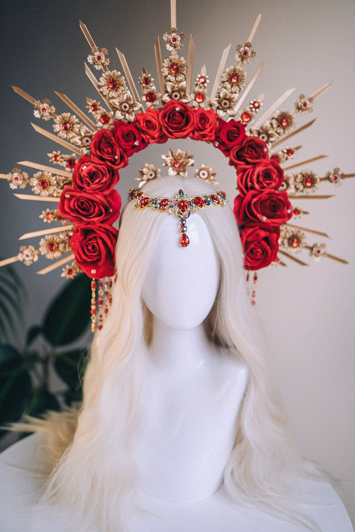 Red Rose Halo Crown, Gold Floral Crown, Festival Headpiece, Wedding Crown, Celestial Tiara, Goddess Halo, Boho Queen, Statement Headpiece
