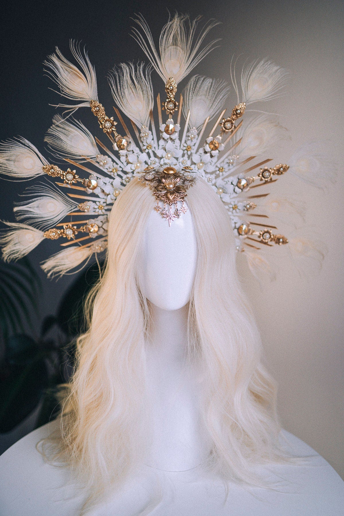 Celestial White Halo Crown, Bridal Headpiece, Goddess Tiara, Festival Crown, Wedding Halo, Peacock Feather Crown, Luxury Statement Headdress