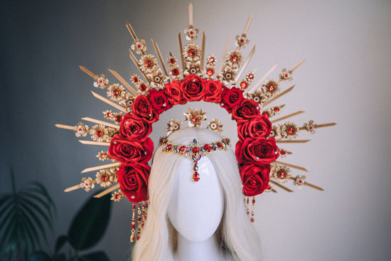Red Rose Halo Crown, Gold Floral Crown, Festival Headpiece, Wedding Crown, Celestial Tiara, Goddess Halo, Boho Queen, Statement Headpiece