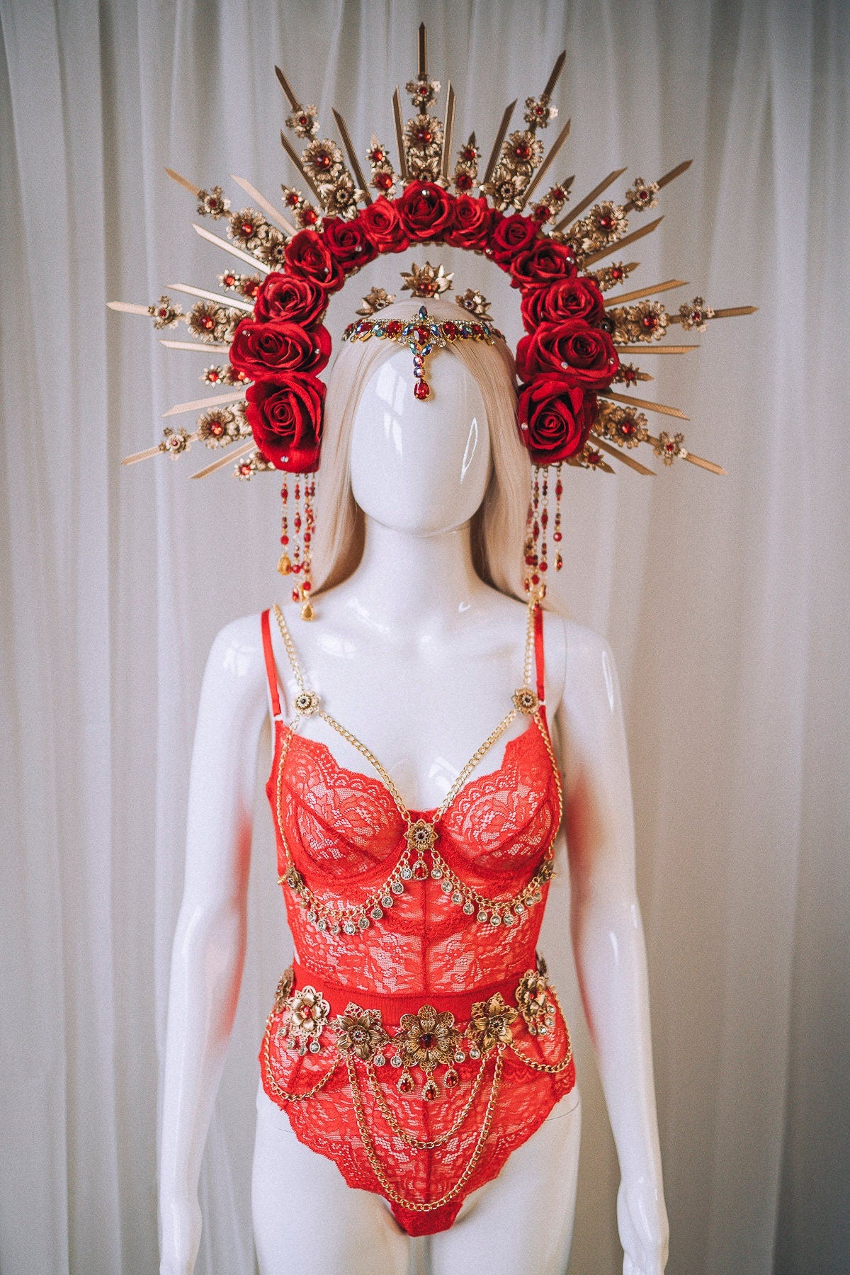 Red Rose Halo Crown, Gold Floral Crown, Festival Headpiece, Wedding Crown, Celestial Tiara, Goddess Halo, Boho Queen, Statement Headpiece