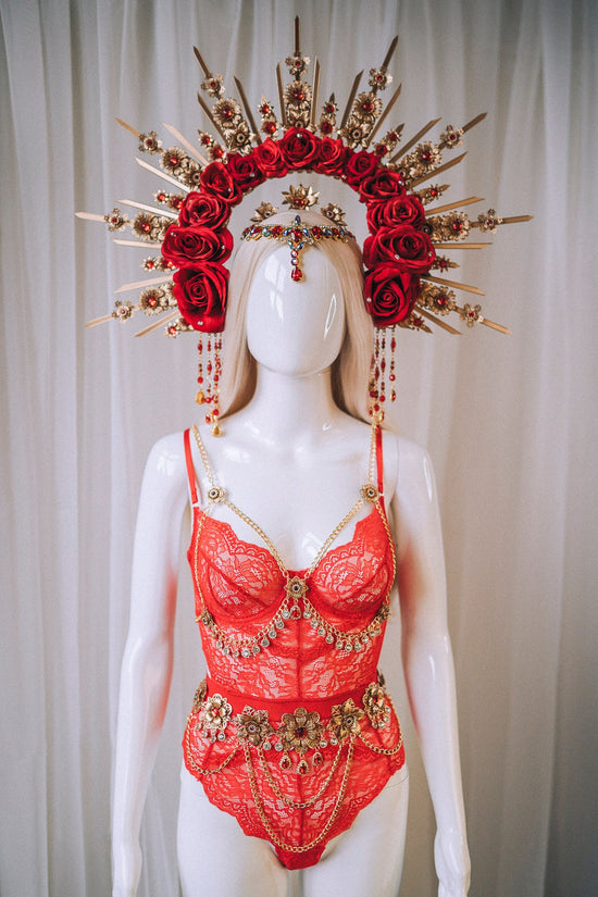 Red Rose Halo Crown, Gold Floral Crown, Festival Headpiece, Wedding Crown, Celestial Tiara, Goddess Halo, Boho Queen, Statement Headpiece