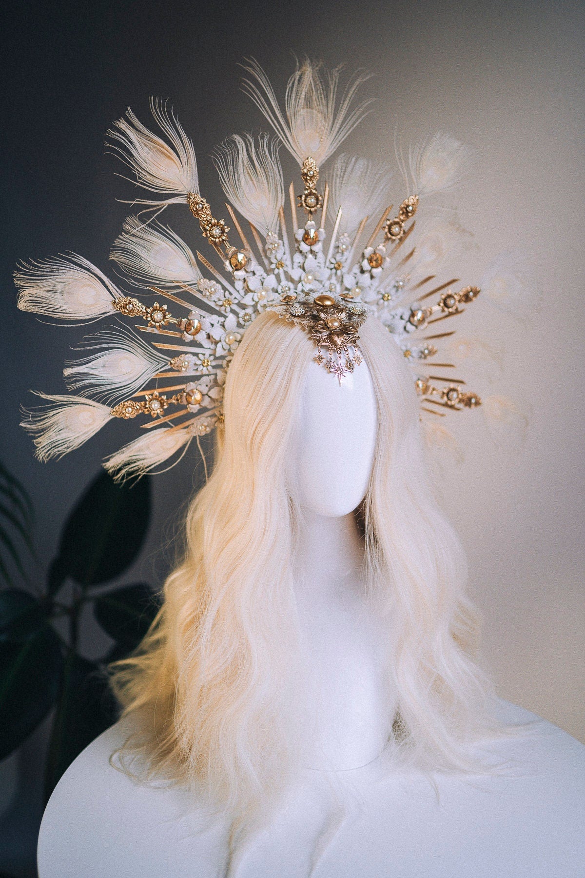 Celestial White Halo Crown, Bridal Headpiece, Goddess Tiara, Festival Crown, Wedding Halo, Peacock Feather Crown, Luxury Statement Headdress
