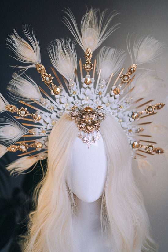 Celestial White Halo Crown, Bridal Headpiece, Goddess Tiara, Festival Crown, Wedding Halo, Peacock Feather Crown, Luxury Statement Headdress