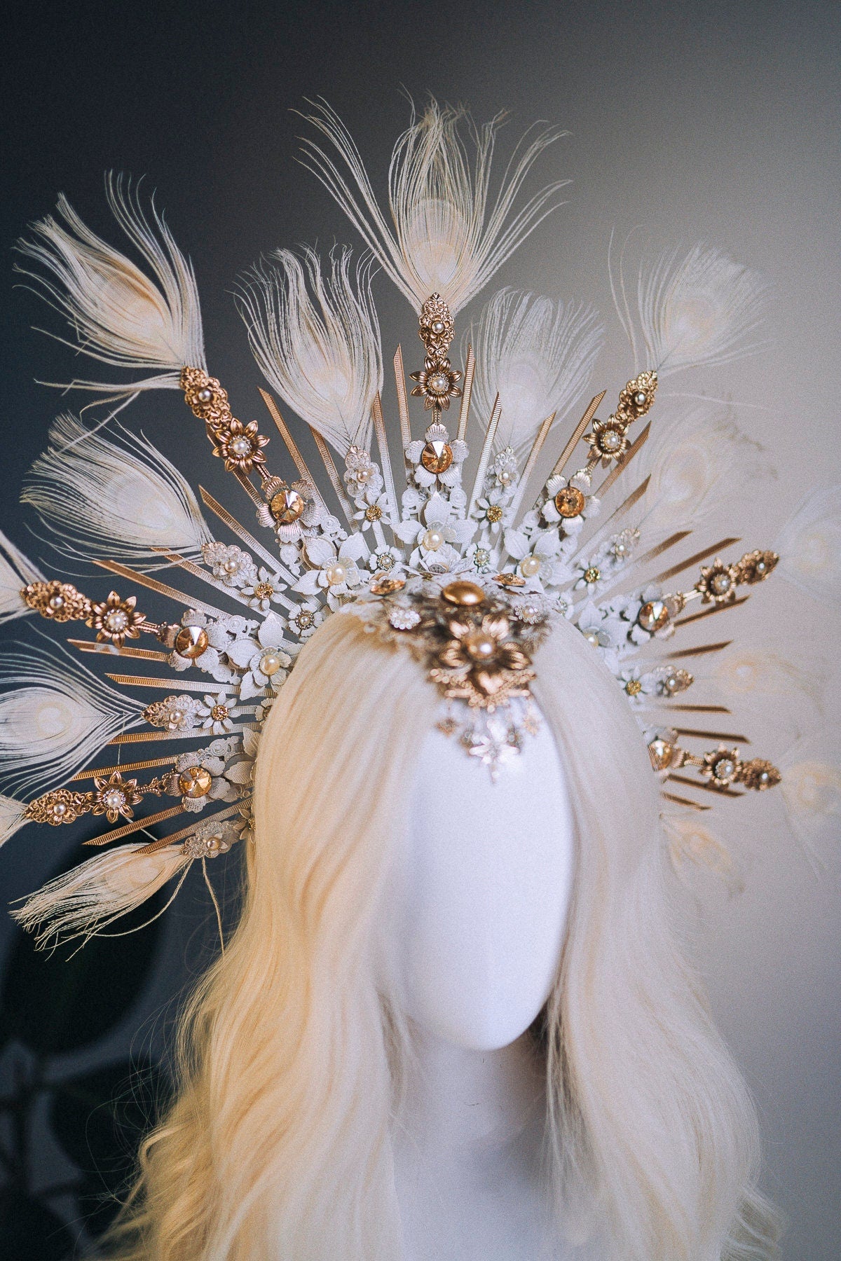 Celestial White Halo Crown, Bridal Headpiece, Goddess Tiara, Festival Crown, Wedding Halo, Peacock Feather Crown, Luxury Statement Headdress