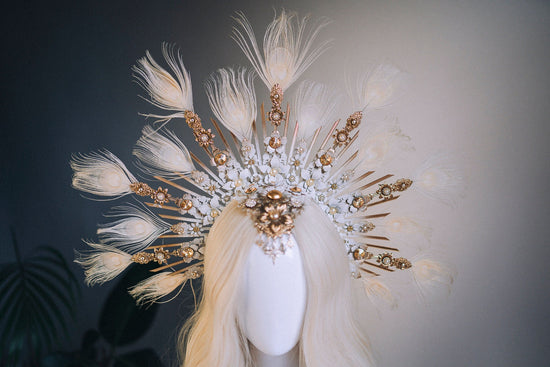 Celestial White Halo Crown, Bridal Headpiece, Goddess Tiara, Festival Crown, Wedding Halo, Peacock Feather Crown, Luxury Statement Headdress
