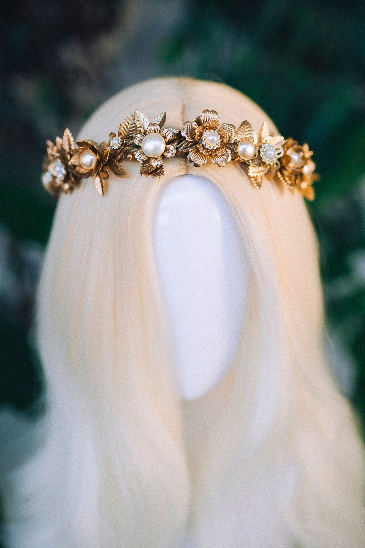 Golden Floral Crown, Wedding Flower Tiara, Boho Gold Headpiece, Pearl Bridal Crown, Handmade Goddess Halo, Rustic Bride Crown, Garden Tiara