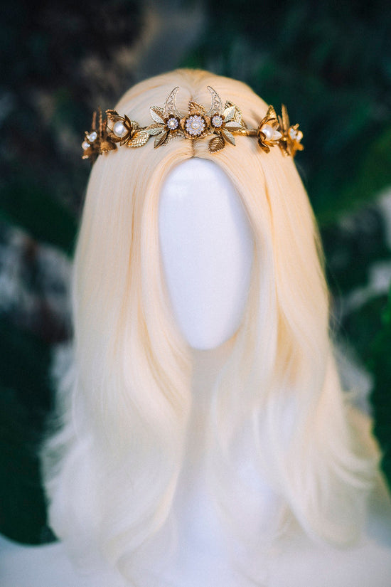 Golden Leaf Crown, Greek Goddess Headpiece, Pearl Bridal Halo, Celestial Tiara, Gold Festival Crown, Wedding Accessory, Handmade Jewelry