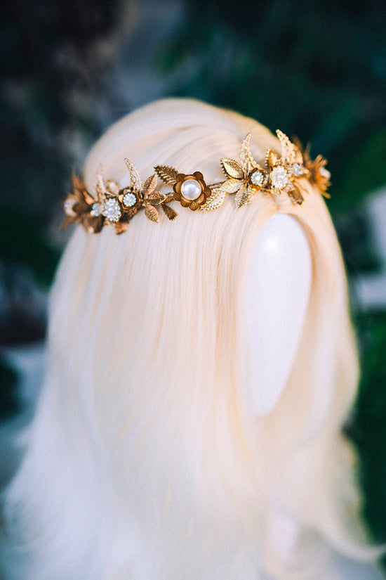 Golden Leaf Crown, Greek Goddess Headpiece, Pearl Bridal Halo, Celestial Tiara, Gold Festival Crown, Wedding Accessory, Handmade Jewelry