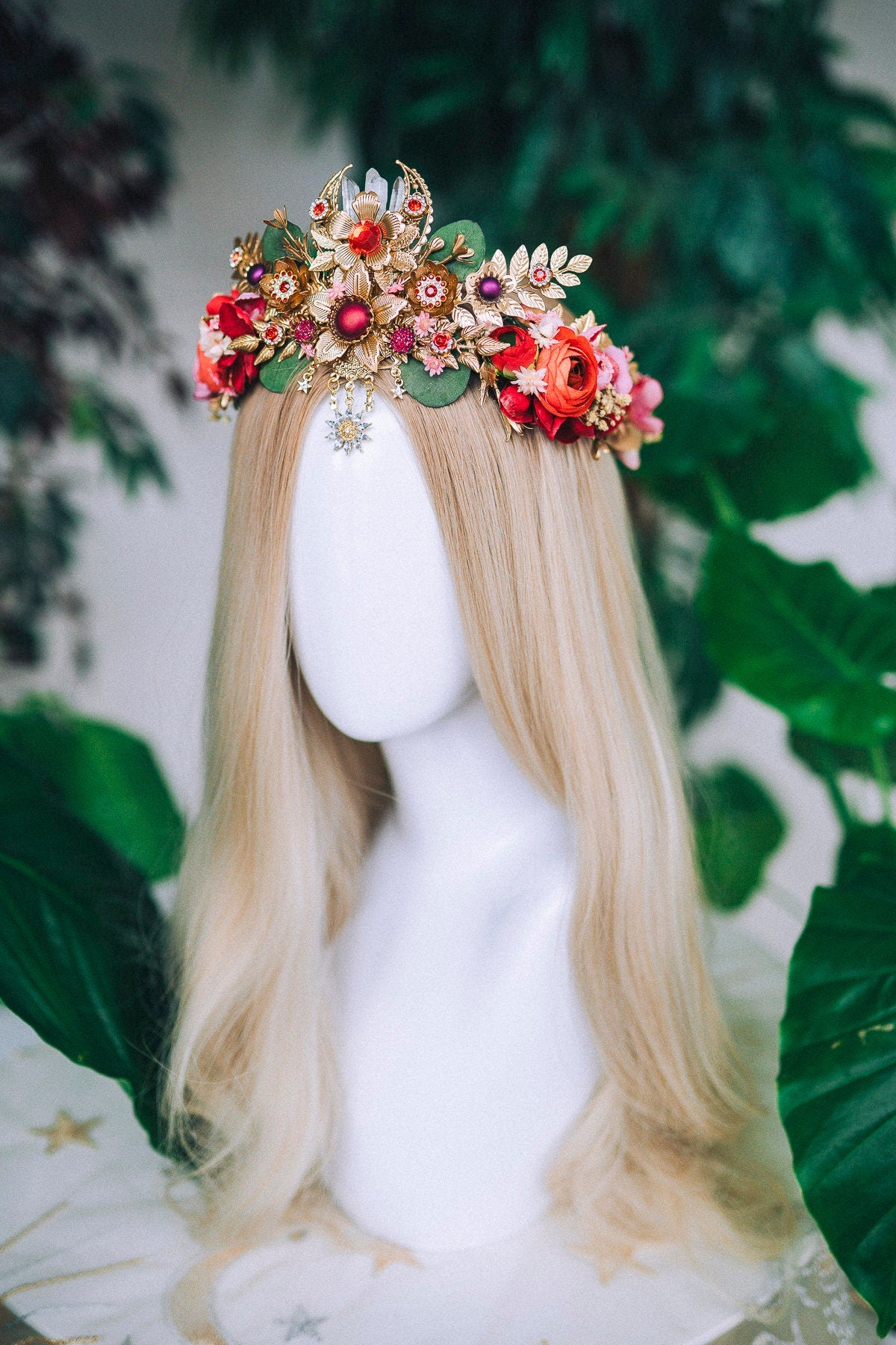 Celestial Flower Tiara, Boho Wedding Crown, Goddess Headpiece, Fantasy Festival Tiara, Handmade Bridal Halo, Floral Crystal Crown,Boho Bride