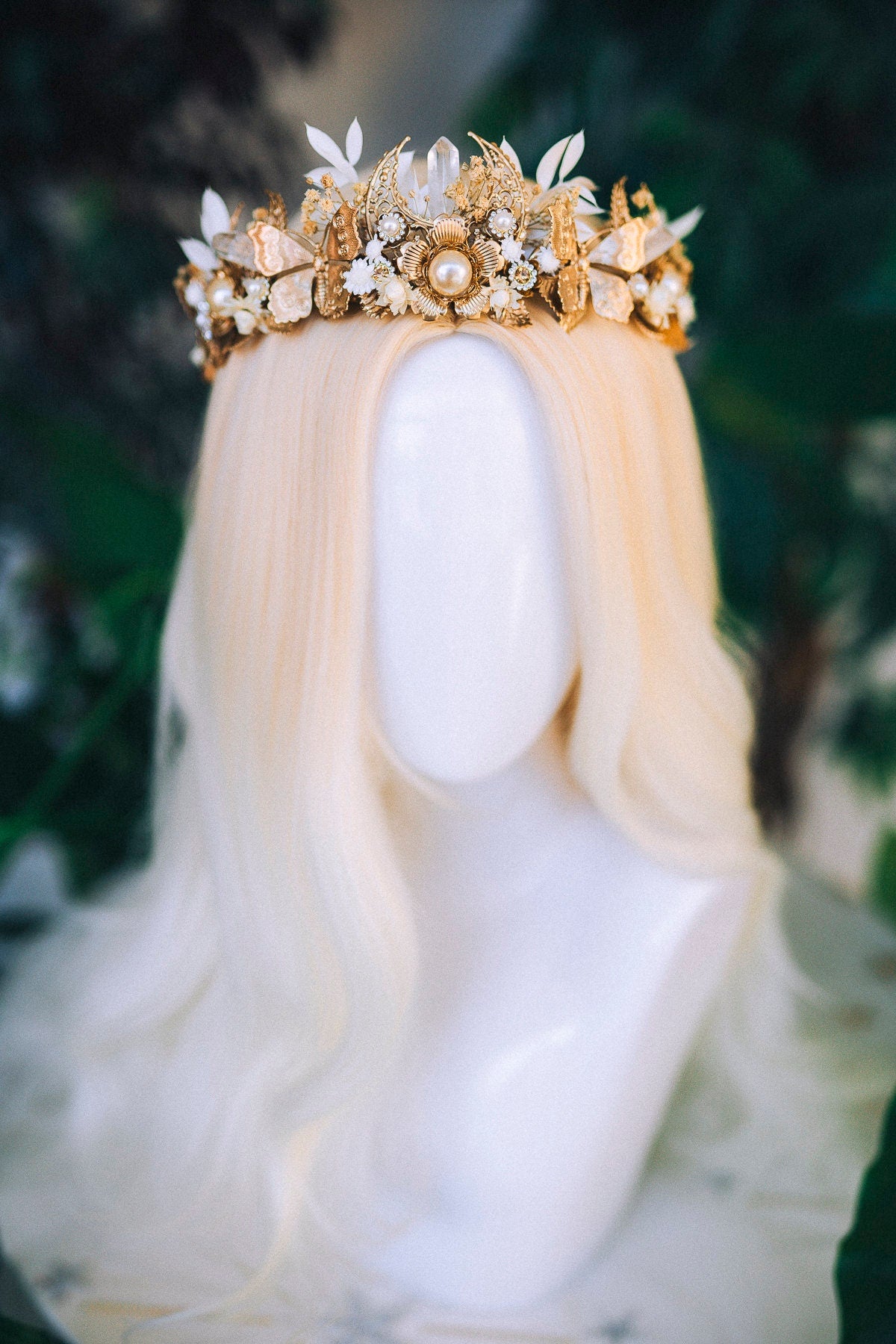 Golden Moon Butterfly Crown, Boho Wedding Tiara, Crystal Pearl Headpiece, Celestial Bridal Crown, Handmade Goddess Tiara, Fairy Festival