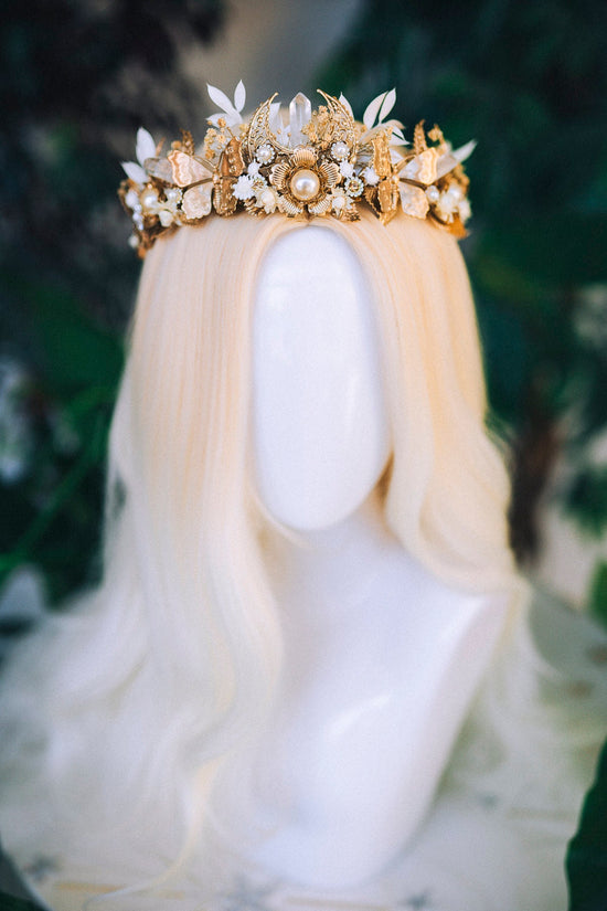 Golden Moon Butterfly Crown, Boho Wedding Tiara, Crystal Pearl Headpiece, Celestial Bridal Crown, Handmade Goddess Tiara, Fairy Festival