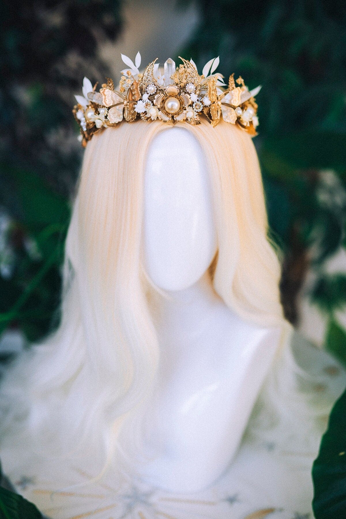 Golden Moon Butterfly Crown, Boho Wedding Tiara, Crystal Pearl Headpiece, Celestial Bridal Crown, Handmade Goddess Tiara, Fairy Festival