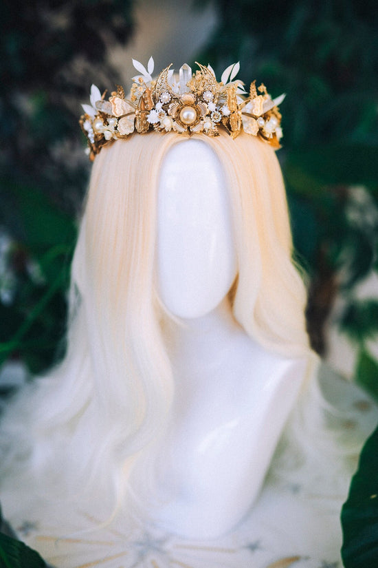 Golden Moon Butterfly Crown, Boho Wedding Tiara, Crystal Pearl Headpiece, Celestial Bridal Crown, Handmade Goddess Tiara, Fairy Festival