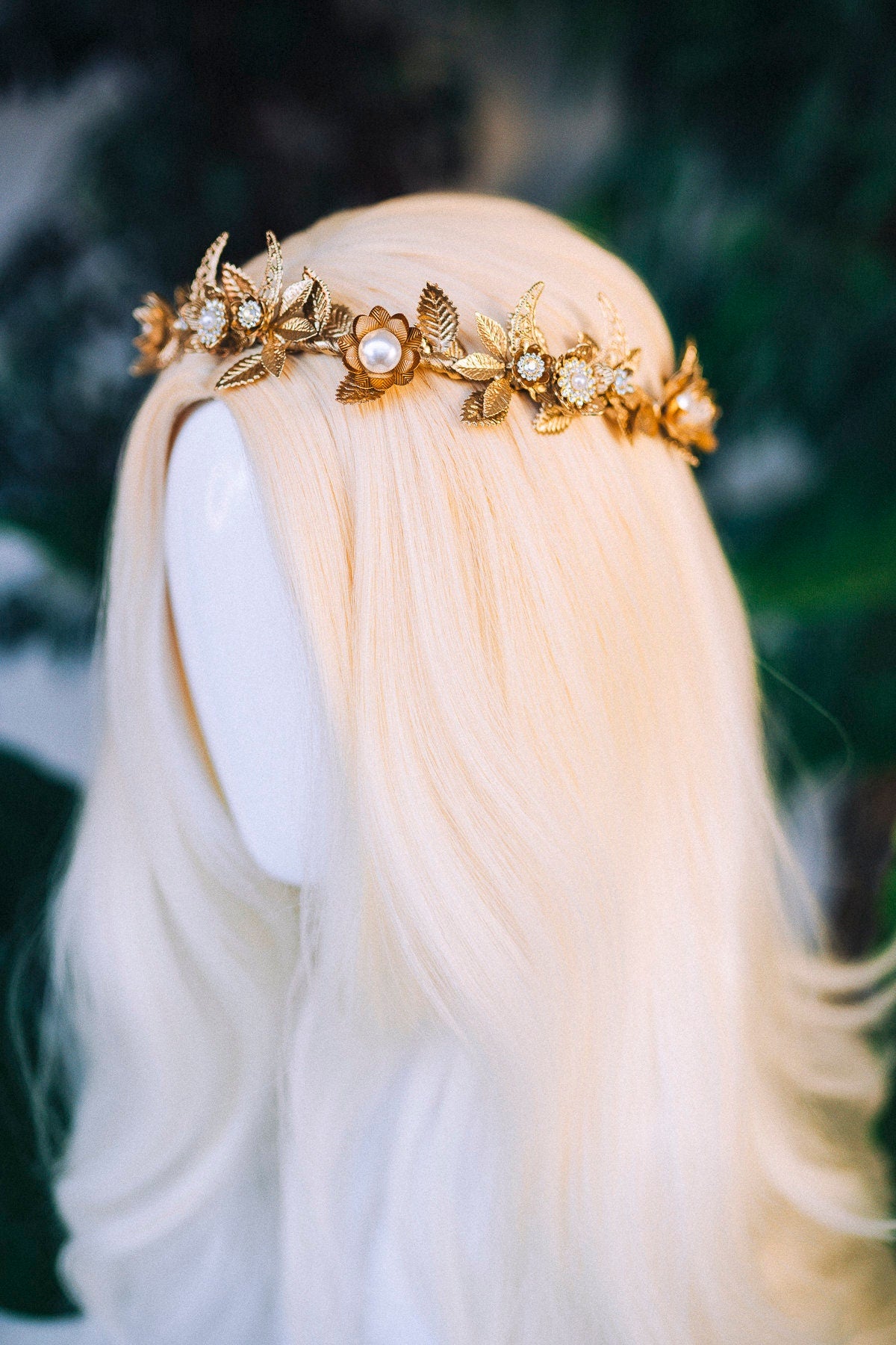 Golden Leaf Crown, Greek Goddess Headpiece, Pearl Bridal Halo, Celestial Tiara, Gold Festival Crown, Wedding Accessory, Handmade Jewelry