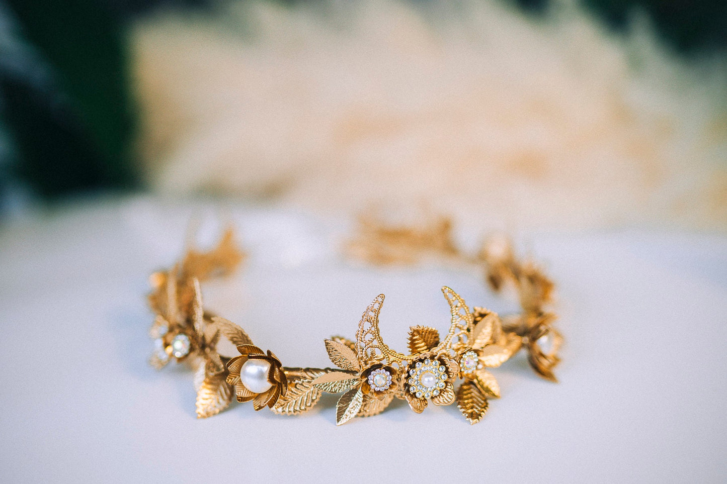 Golden Leaf Crown, Greek Goddess Headpiece, Pearl Bridal Halo, Celestial Tiara, Gold Festival Crown, Wedding Accessory, Handmade Jewelry