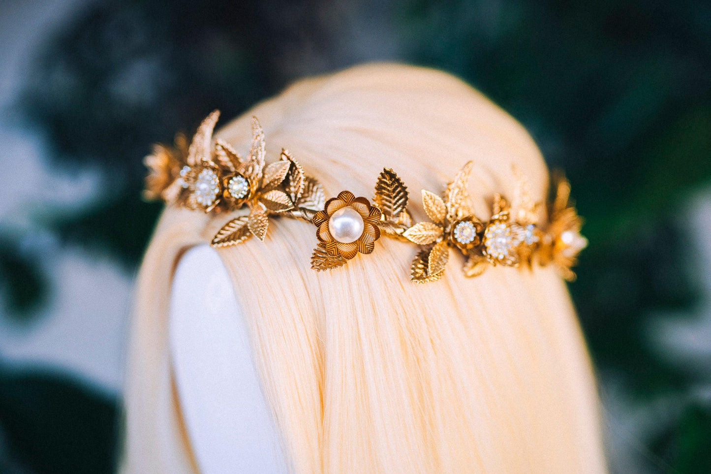 Golden Leaf Crown, Greek Goddess Headpiece, Pearl Bridal Halo, Celestial Tiara, Gold Festival Crown, Wedding Accessory, Handmade Jewelry