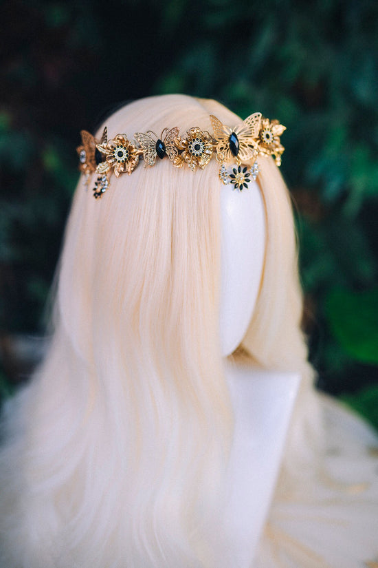 Butterfly Flower Tiara, Gold Headpiece with Black Crystals Butterflies Stars, Elegant Bridal Crown for Weddings Festivals Special Occasions