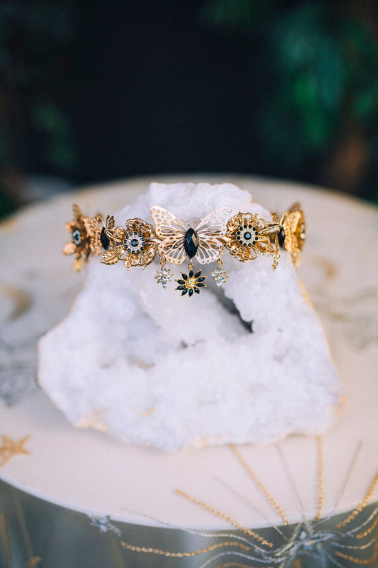 Butterfly Flower Tiara, Gold Headpiece with Black Crystals Butterflies Stars, Elegant Bridal Crown for Weddings Festivals Special Occasions
