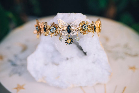 Butterfly Flower Tiara, Gold Headpiece with Black Crystals Butterflies Stars, Elegant Bridal Crown for Weddings Festivals Special Occasions