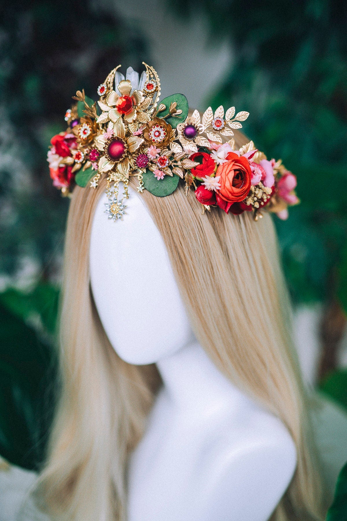 Celestial Flower Tiara, Boho Wedding Crown, Goddess Headpiece, Fantasy Festival Tiara, Handmade Bridal Halo, Floral Crystal Crown,Boho Bride