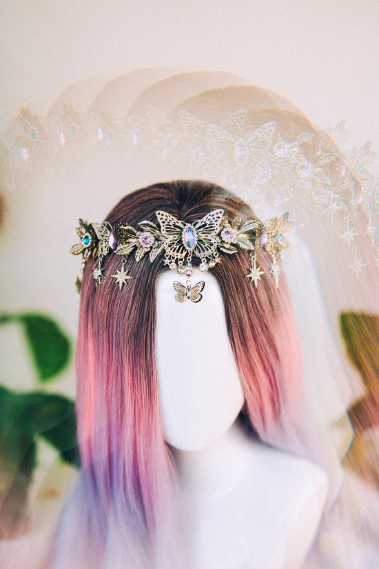 Celestial Butterfly, Boho Tiara, Fairy Crown, Fantasy Headpiece, Butterfly Goddess, Pastel Tiara, Handmade Crown, Festival Bride Tiara