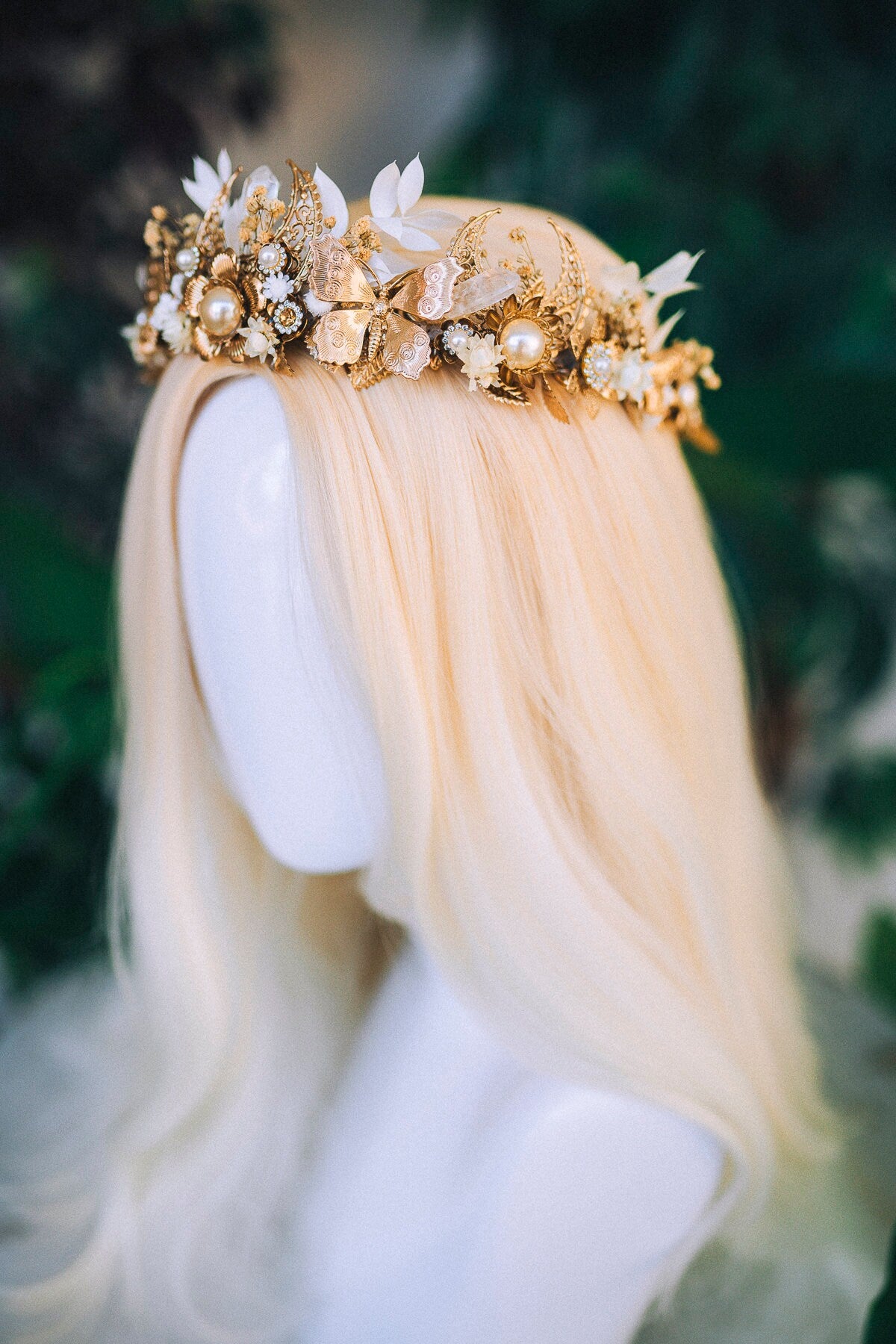 Golden Moon Butterfly Crown, Boho Wedding Tiara, Crystal Pearl Headpiece, Celestial Bridal Crown, Handmade Goddess Tiara, Fairy Festival