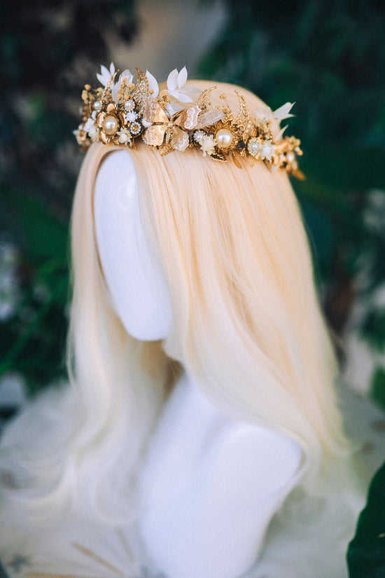 Golden Moon Butterfly Crown, Boho Wedding Tiara, Crystal Pearl Headpiece, Celestial Bridal Crown, Handmade Goddess Tiara, Fairy Festival