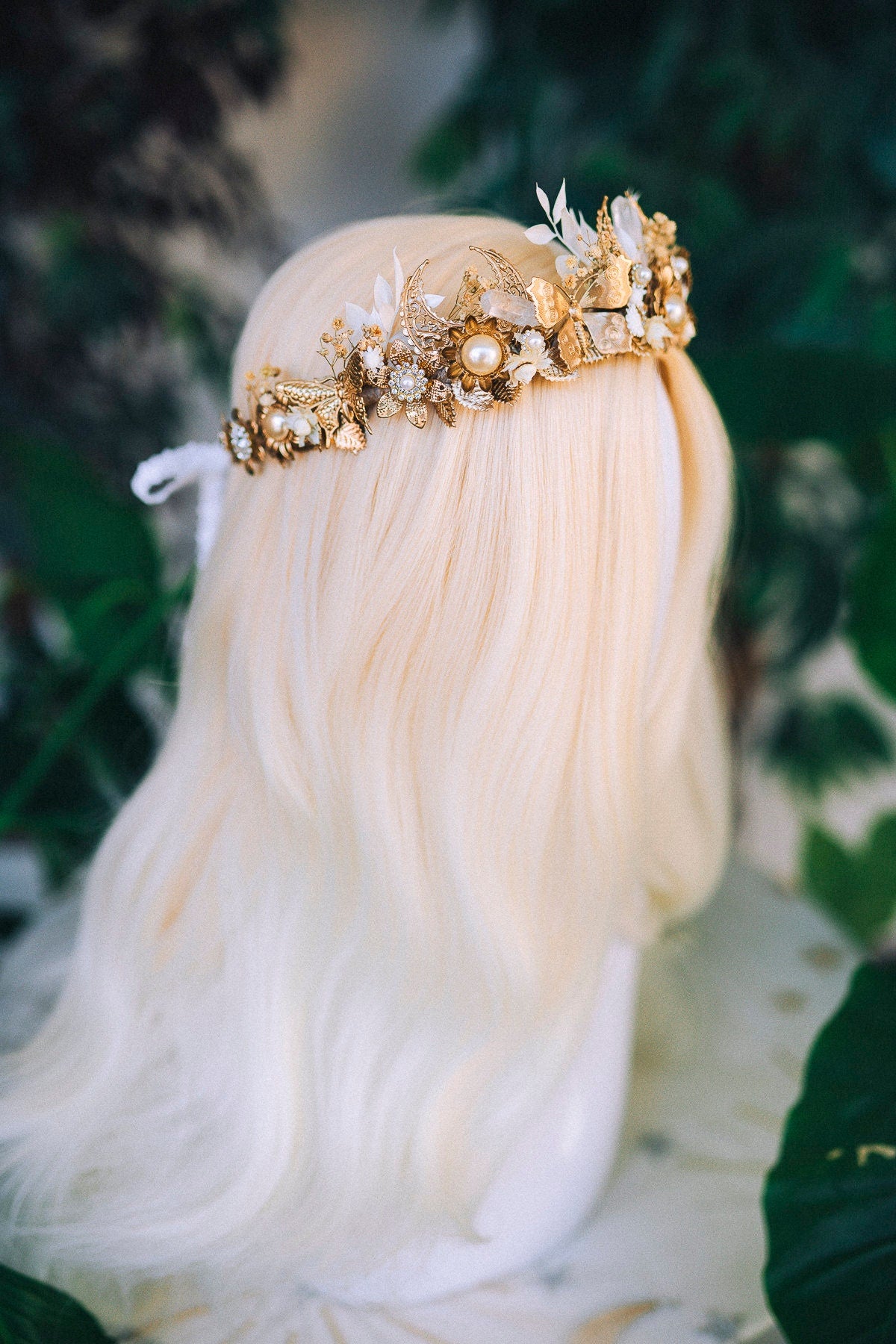 Golden Moon Butterfly Crown, Boho Wedding Tiara, Crystal Pearl Headpiece, Celestial Bridal Crown, Handmade Goddess Tiara, Fairy Festival