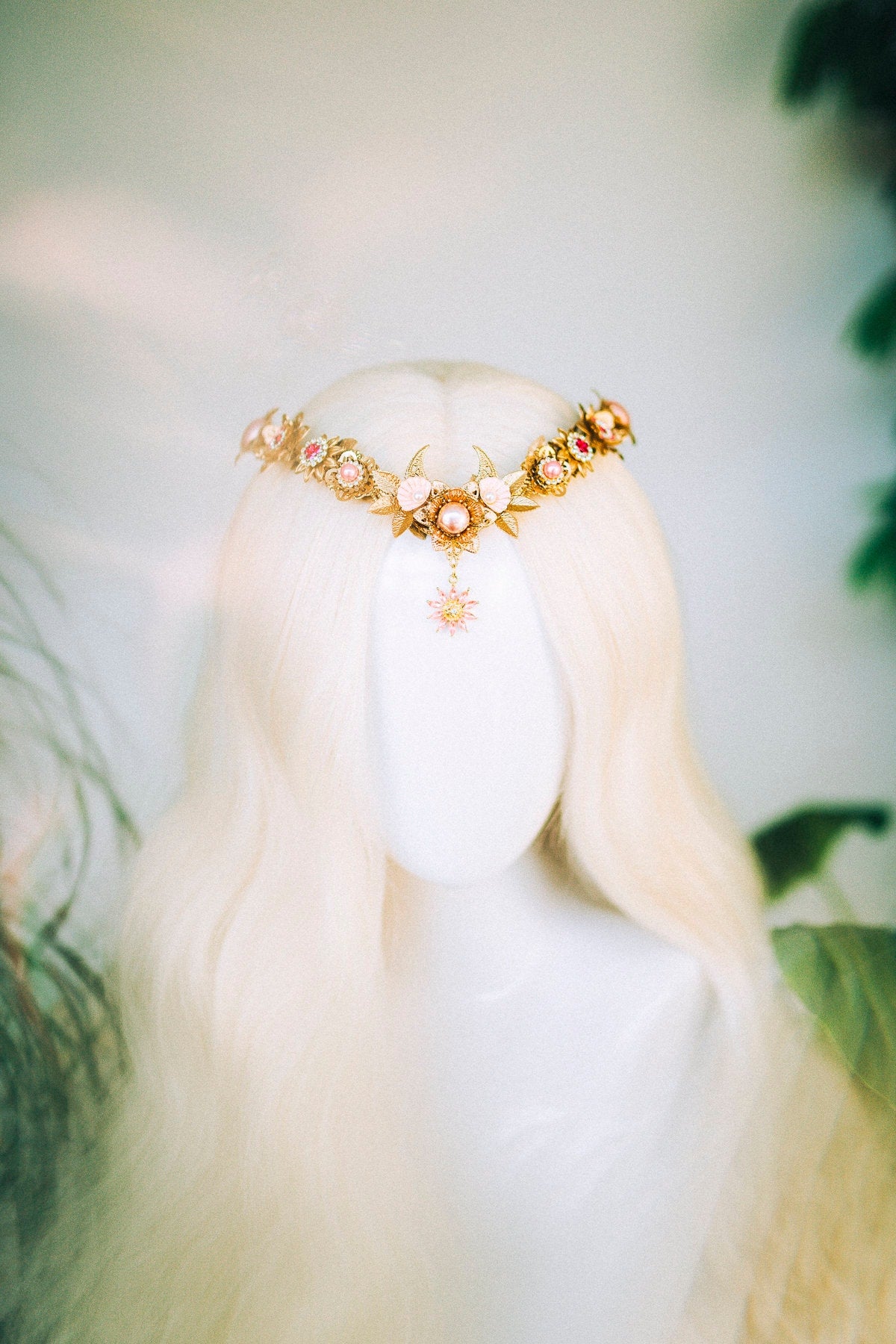 Pink Moon Tiara, Gold Floral Headpiece, Boho Bridal Crown, Festival Tiara, Handmade Goddess Tiara, Pearl Tiara, Fairy Costume Accessory