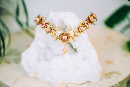 Pink Moon Tiara, Gold Floral Headpiece, Boho Bridal Crown, Festival Tiara, Handmade Goddess Tiara, Pearl Tiara, Fairy Costume Accessory
