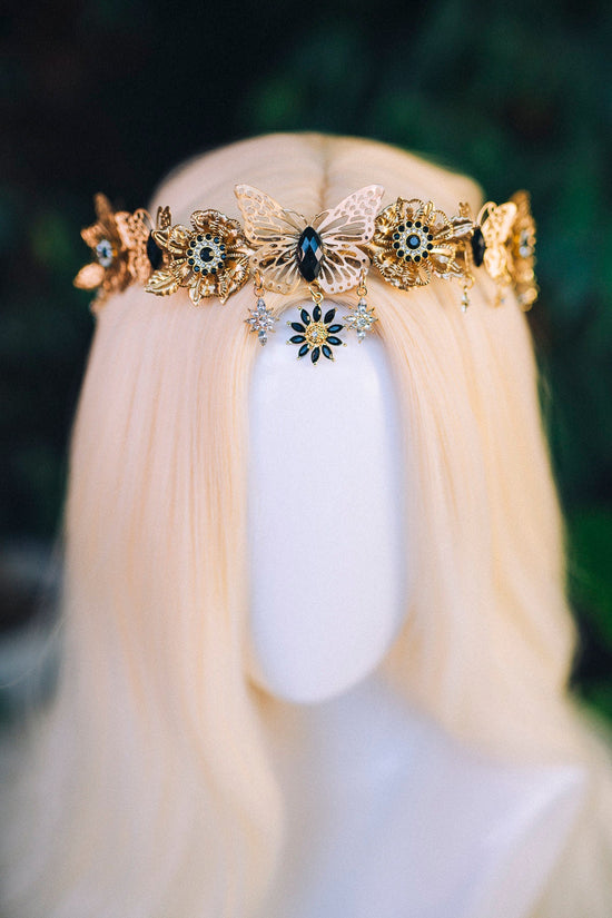 Butterfly Flower Tiara, Gold Headpiece with Black Crystals Butterflies Stars, Elegant Bridal Crown for Weddings Festivals Special Occasions