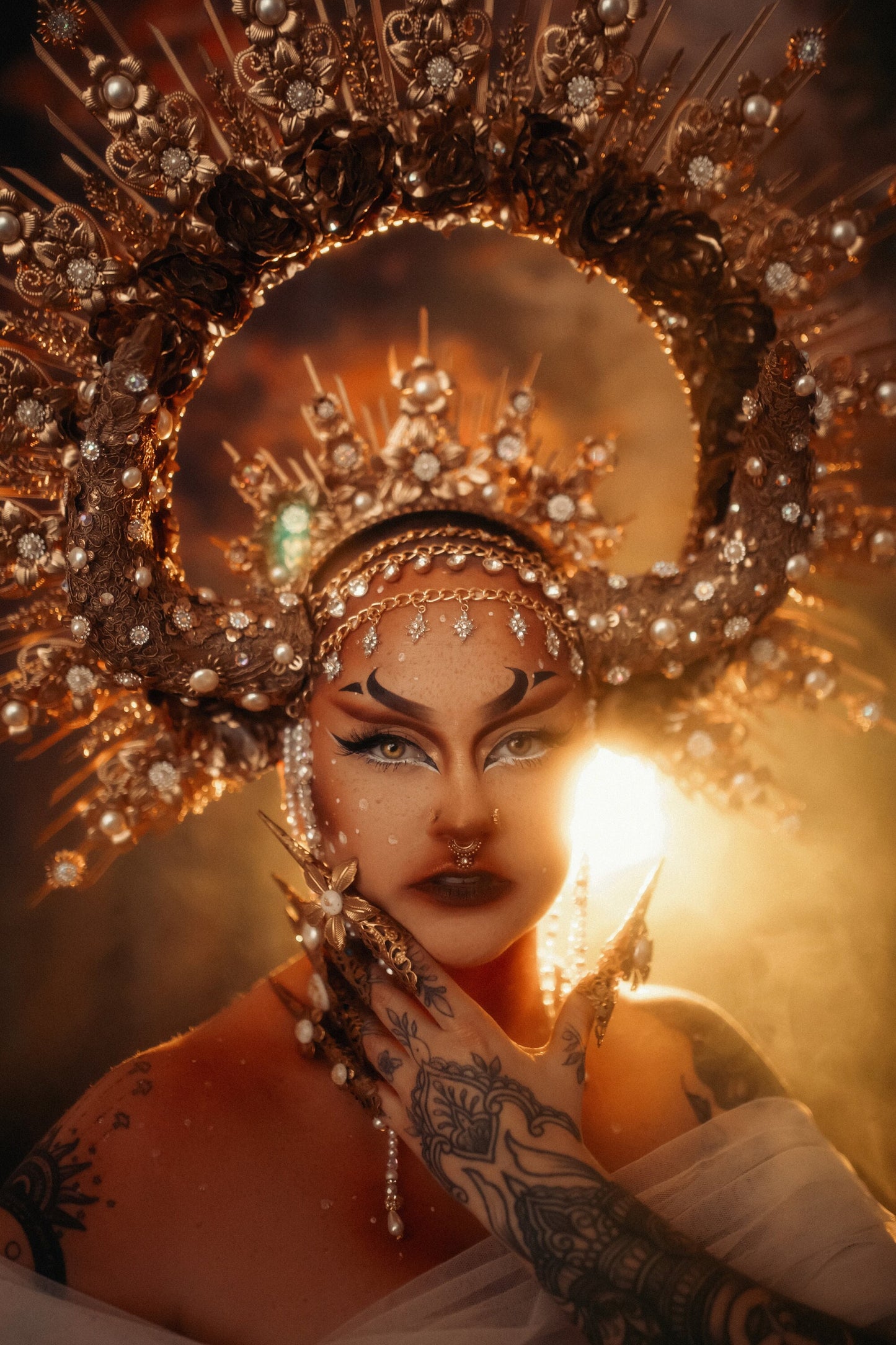 Taurus Halo Crown, Majestic Horn Headdress, Zodiac Goddess Headpiece, Celestial Festival Crown, Pearl Gold Statement Costume Accessory