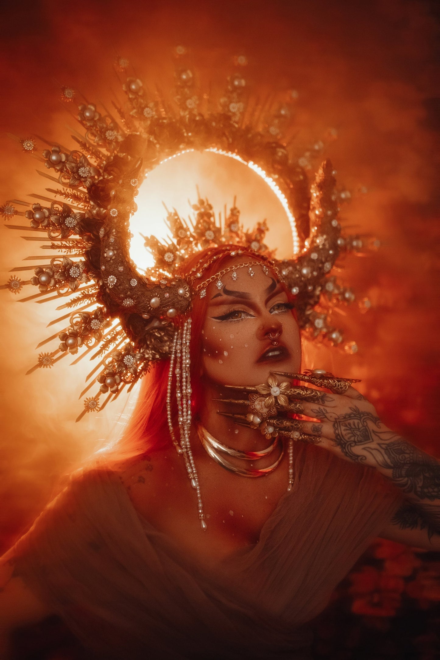 Taurus Halo Crown, Majestic Horn Headdress, Zodiac Goddess Headpiece, Celestial Festival Crown, Pearl Gold Statement Costume Accessory