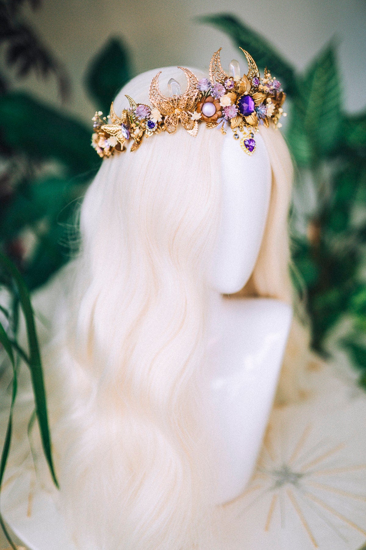 Mystic Moon Crown, Crystal Tiara, Gold Celestial Headpiece, Lunar Goddess Crown, Boho Wedding Tiara, Fantasy Festival Headpiece,Bridal crown
