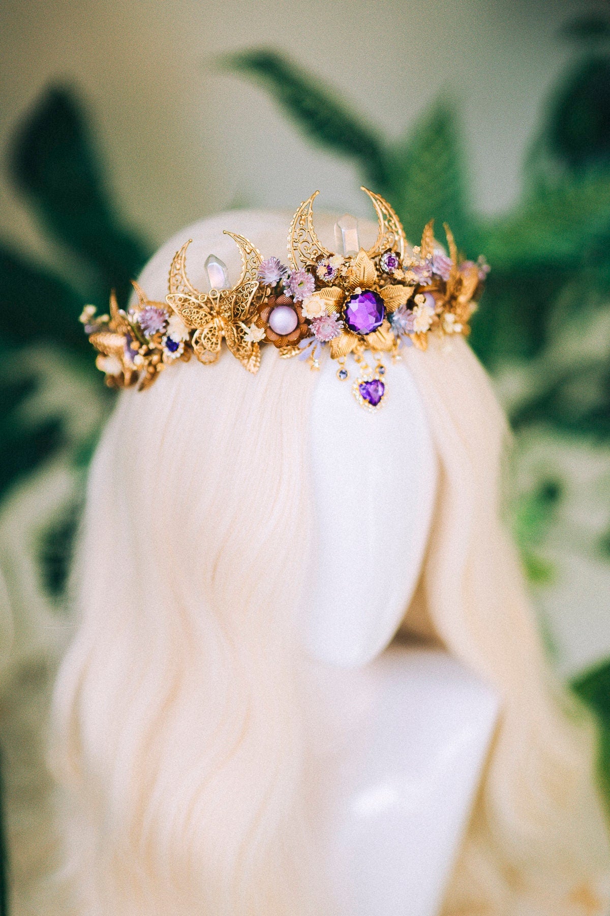 Mystic Moon Crown, Crystal Tiara, Gold Celestial Headpiece, Lunar Goddess Crown, Boho Wedding Tiara, Fantasy Festival Headpiece,Bridal crown