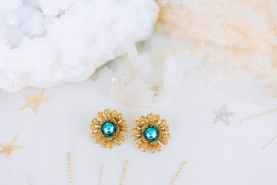 Flower earrings Festival earrings Gold boho earrings Summer earrings Wedding accessories Blue earrings Turquoise earrings