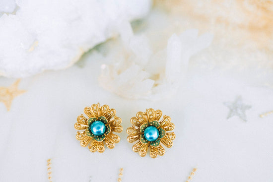 Flower earrings Festival earrings Gold boho earrings Summer earrings Wedding accessories Blue earrings Turquoise earrings