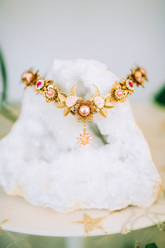 Pink Moon Tiara, Gold Floral Headpiece, Boho Bridal Crown, Festival Tiara, Handmade Goddess Tiara, Pearl Tiara, Fairy Costume Accessory