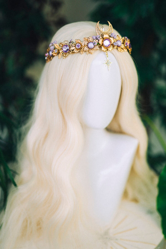 Moon Flower Tiara, Gold Headpiece with Purple Crystals Pearls Celestial Stars, Elegant Bridal Crown for Weddings Festivals Occasions