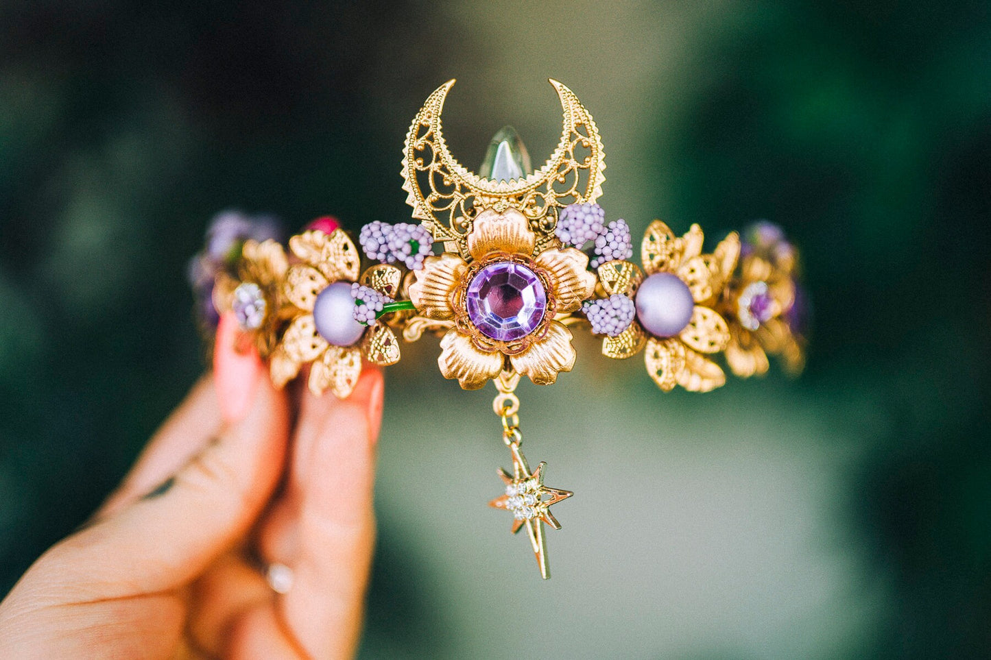 Moon Flower Tiara, Gold Headpiece with Purple Crystals Pearls Celestial Stars, Elegant Bridal Crown for Weddings Festivals Occasions