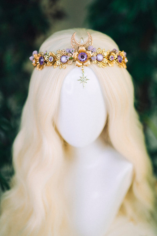 Moon Flower Tiara, Gold Headpiece with Purple Crystals Pearls Celestial Stars, Elegant Bridal Crown for Weddings Festivals Occasions