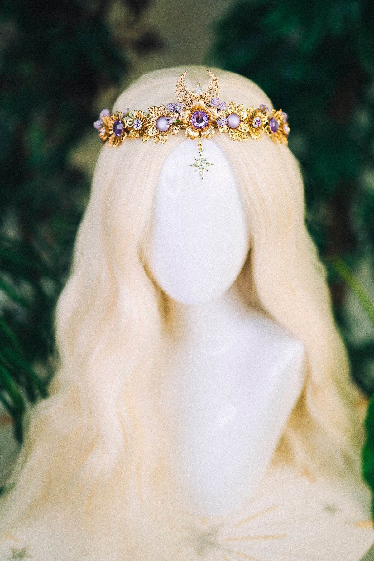 Moon Flower Tiara, Gold Headpiece with Purple Crystals Pearls Celestial Stars, Elegant Bridal Crown for Weddings Festivals Occasions