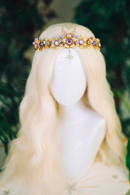 Moon Flower Tiara, Gold Headpiece with Purple Crystals Pearls Celestial Stars, Elegant Bridal Crown for Weddings Festivals Occasions