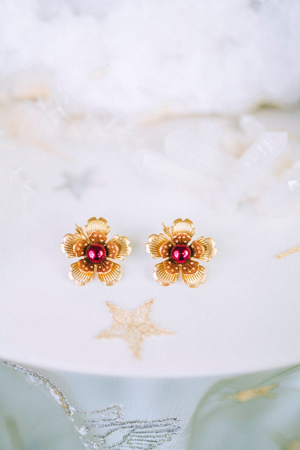 Flower earrings Festival earrings Gold Summer earrings Flower jewellery Wedding accessories Burgundy earrings Bridal earrings
