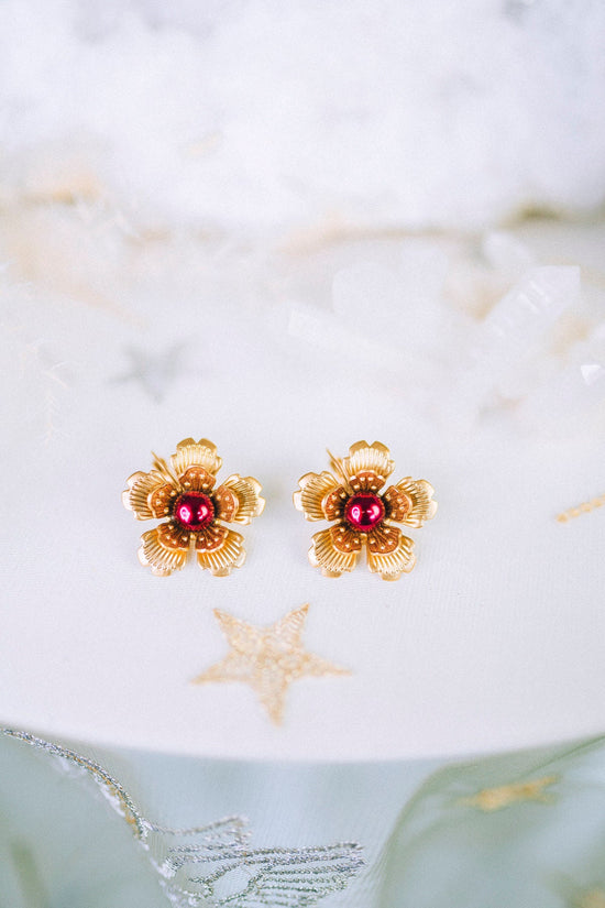 Flower earrings Festival earrings Gold Summer earrings Flower jewellery Wedding accessories Burgundy earrings Bridal earrings
